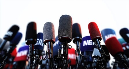 cluster of microphones with colorful windscreens at a press event conveying tense anticipation and focused attention