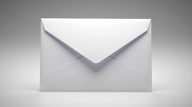Crisp, closed white envelope stands upright against a gradated, pale gray background, softly shadowed