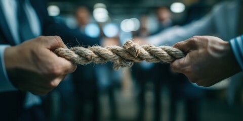 Businessman using hand to pull tug of war rope in workplace. Game and collaboration for unity for mission. Challenge to build team in company.