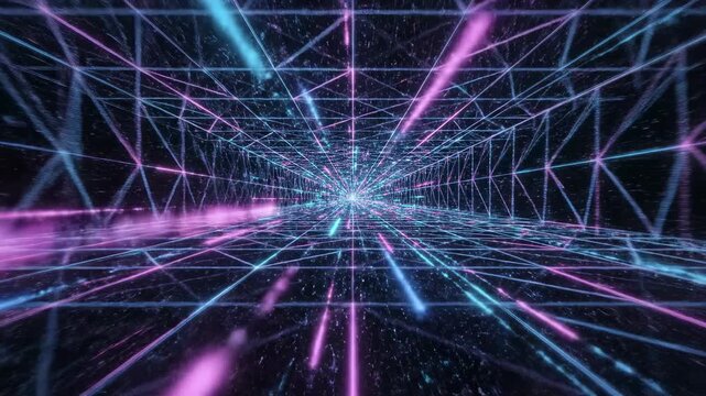 Infinite transition geometric grid system fly-through looping endlessly in a dark futuristic void space representing data flow wireframe, telecommunications, deep space