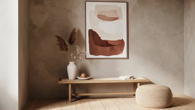 Neutral minimalist interior with wooden bench vase dried grass abstract wall art pouf natural light warm tones minimalist neutral living room with