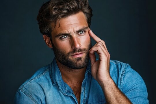 man in blue denim shirt touching temple in contemplative confident studio portrait against dark background