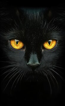 close-up of a black cat face with glowing amber eyes, sleek fur, pronounced whiskers and an intense mysterious stare