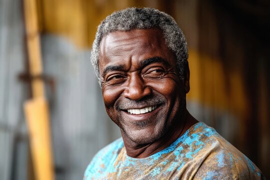 Stoic older man with gray curly hair in a paint-splattered shirt standing in a rustic workshop, contemplative mood
