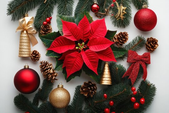 red poinsettia centerpiece surrounded by evergreen branches, pine cones, red berries, red and gold baubles, glitter bow and decorative bells in a joyful festive arrangement
