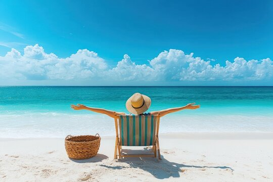 person in straw hat reclining on striped beach chair with arms outstretched toward turquoise ocean and blue sky, wicker basket on white sandy beach feeling relaxed and joyful