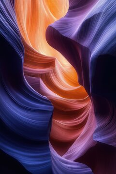 Sunlit winding slot canyon with flowing purple and orange sandstone walls, serene and awe-inspiring interplay of light and shadow