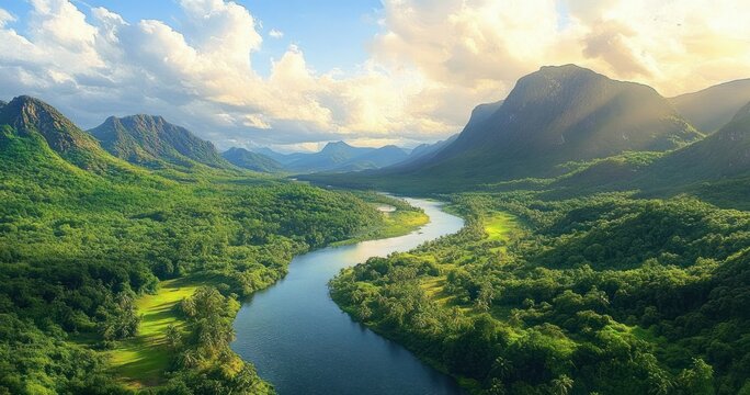 Sunlit winding river through a lush green valley flanked by rugged mountains under dramatic clouds, evoking calm and awe