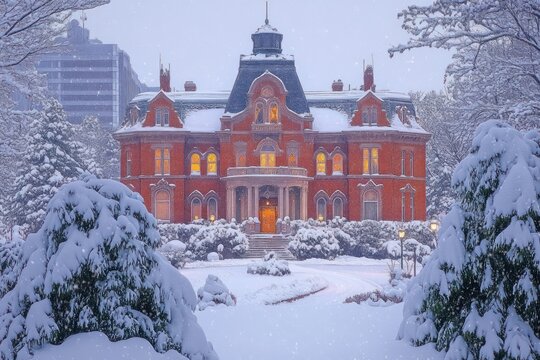 Snow-covered red brick Victorian mansion with mansard roof, glowing windows, lampposts and snow-laden trees framing a winding garden path at dusk, evoking cozy peaceful winter calm
