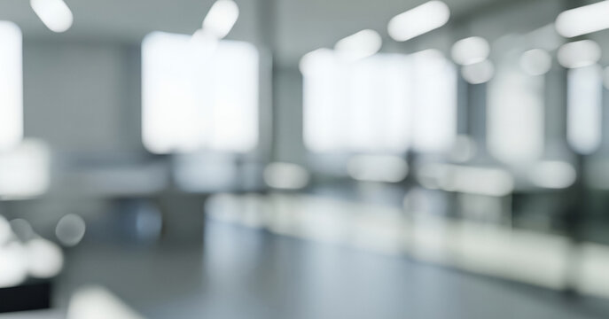 Blurred modern office interior with bright overhead lighting and glowing window highlights for a clean spacious workplace atmosphere. - Powered by Adobe
