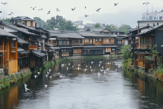 Tranquil riverside scene of traditional wooden waterfront houses with seagulls flying and resting over calm reflective water under an overcast sky