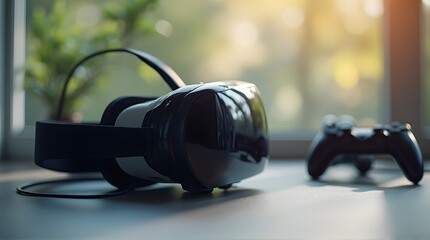 Next-Gen VR Headset and Controller on Desk, Bathed in Warm, Natural Window Light