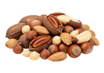 Pile of mixed nuts isolated on transparent background, including pecans, almonds, hazelnuts and brazil nuts, a healthy snack option
