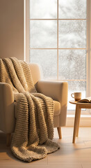 Minimalist Hygge Winter Scene with Cozy Armchair by Snowy Window, wallpaper, background, Serene Comfort and Copy Space