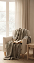 Minimalist Hygge Winter Scene with Cozy Armchair by Snowy Window, wallpaper, background, Serene Comfort and Copy Space