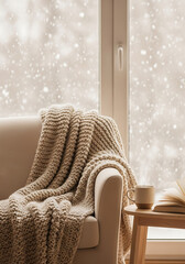 Minimalist Hygge Winter Scene with Cozy Armchair by Snowy Window, wallpaper, background, Serene Comfort and Copy Space