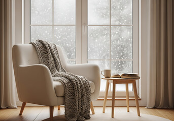 Minimalist Hygge Winter Scene with Cozy Armchair by Snowy Window, wallpaper, background, Serene Comfort and Copy Space