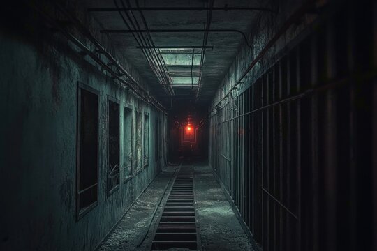 dark abandoned concrete corridor with barred cells, broken windows, exposed pipes and ladder-like walkway bathed in eerie teal shadows and a distant red light, tense and foreboding
