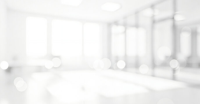 Bright white abstract background with soft focus and circular light effects, creating a calm luminous ambience with gentle glowing highlights and smooth visual depth throughout the scene.