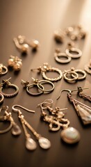 Collection of assorted gold toned costume jewelry earrings displayed on a dark surface under warm lighting