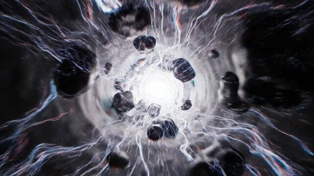 Intense abstract energy pulse causing severe chromatic aberration and localized volumetric spatial shifting in a dark environment movement, distortion, tech