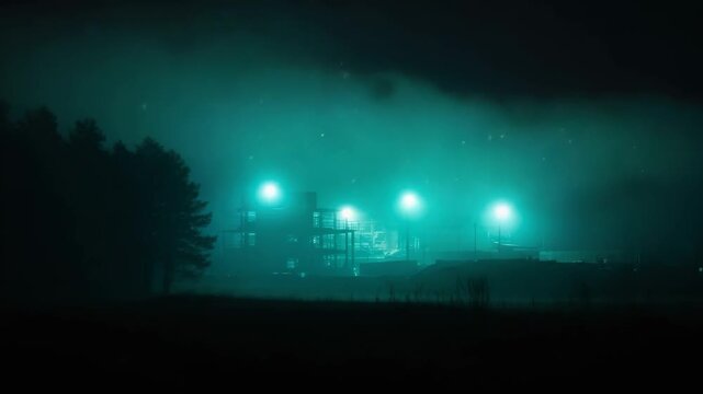 Eerie panoramic view of an industrial site with mysterious green lights glowing in the fog. Spooky cinematic landscape with silhouetted trees for a horror or sci-fi concept