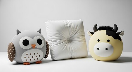 Owl and cow plush toys with a minimalist tufted cushion. adorable decor elements for nurseries and children's rooms, presented on a clean bright background.