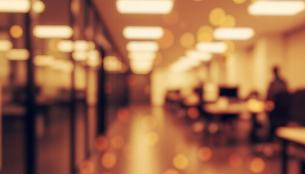 Abstract office interior with warm light and bokeh effect background, creating a cozy professional ambience with soft glowing highlights and smooth visual depth throughout the scene.