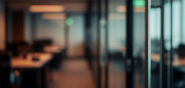 Blurred view of an empty modern office interior with glass partitions, creating a sleek professional ambience with soft glowing highlights and smooth visual depth throughout the workspace.
