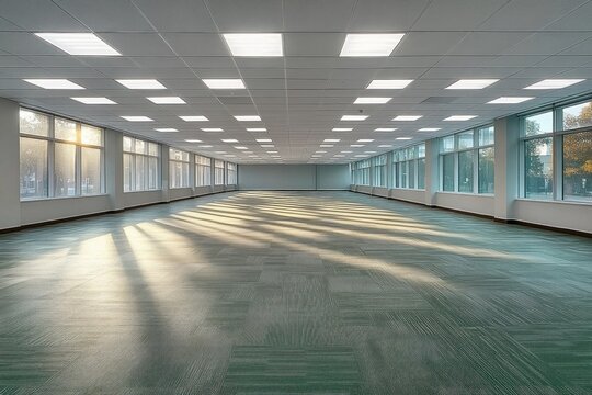Spacious empty open-plan office interior with green carpet tiles, long rows of windows and ceiling lights, warm sunlight casting long shadows, calm and serene atmosphere