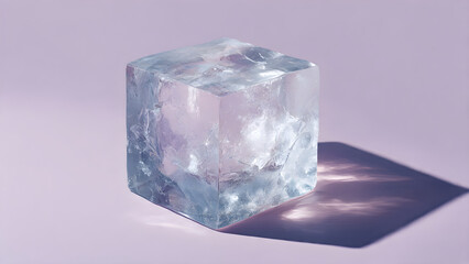 Stunning transparent ice cube casting dynamic shadows on a soft pastel purple background, symbolizing freshness and purity for commercial use