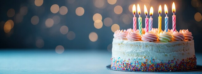Celebratory frosted birthday cake with pastel swirls, colorful sprinkles and lit striped candles on a table with warm bokeh lights and a joyful festive mood