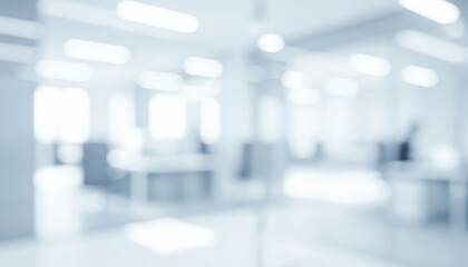 Bright abstract background of a modern empty office interior with soft focus, creating a sleek professional ambience with gentle glowing highlights and smooth visual depth throughout the workspace.