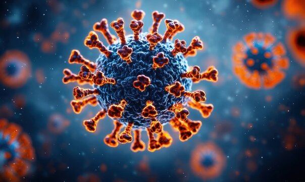 Close-up of spherical virus particles with glowing orange spike proteins suspended in a blue microscopic environment, ominous and threatening