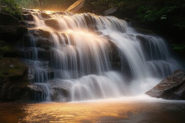 Tiered waterfall cascading over mossy rocks with silky flowing water and golden sunlight reflections in a tranquil forest pool, evoking serene peaceful calm