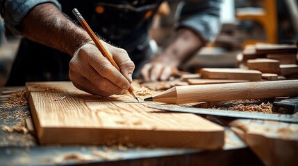Craftsman hands marking a wooden plank with a pencil amid wood shavings and chisels, focused precision and warm workshop atmosphere