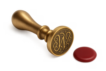 Brass wax seal stamp with monogram letter w creating a red sealing wax impression on transparent background