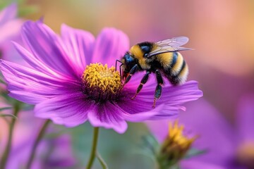 Fototapeta premium close-up of a fuzzy bumblebee feeding on a vibrant purple flower with golden center and delicate petals, soft bokeh background conveying calm wonder