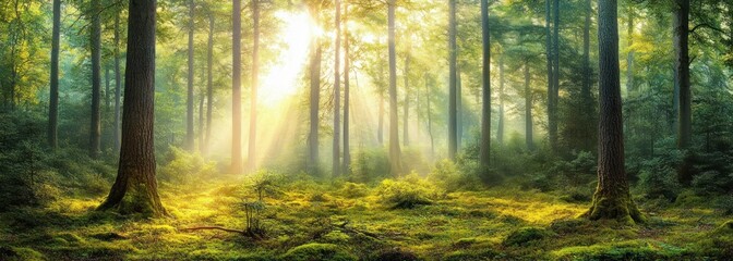 Sunlight streaming through tall trees onto a mossy forest floor, misty rays creating a serene and magical morning atmosphere