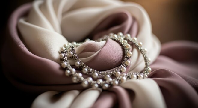 Elegant strand of simulated pearls rests upon luxurious draped fabric