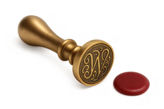 Brass wax seal stamp with monogram letter w creating a red sealing wax impression on transparent background