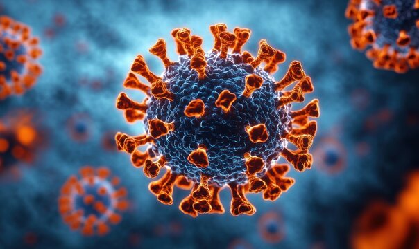 Close-up spherical virus particles with bright orange spike proteins and textured blue cores floating in a blurred bluish background, ominous microscopic view