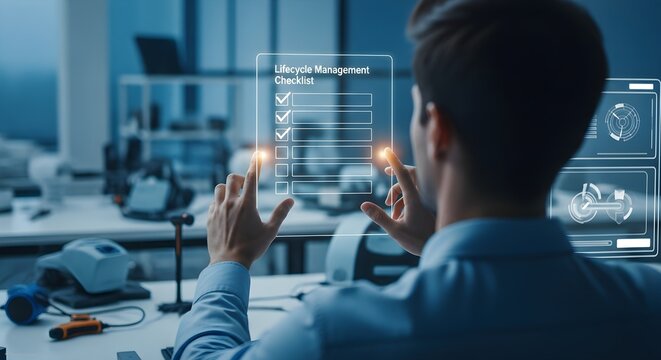 Engineer Checking Lifecycle Management on Hands-on Holographic Interface - Powered by Adobe