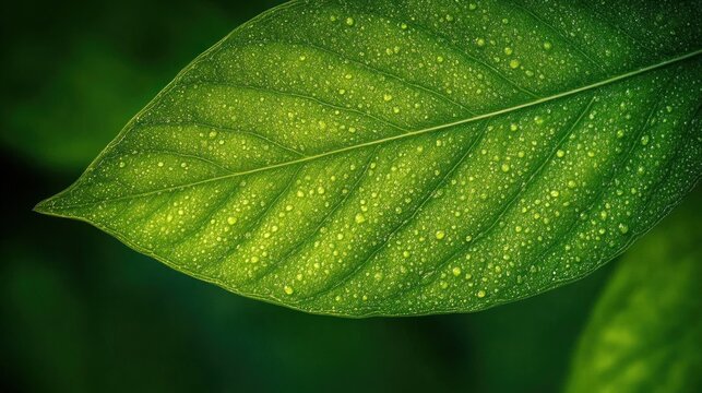 Close-up of a single vibrant green leaf with detailed veins and shimmering dew drops, evoking freshness and tranquility