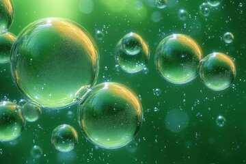 cluster of floating translucent green bubbles with golden highlights and tiny suspended particles, serene ethereal close-up