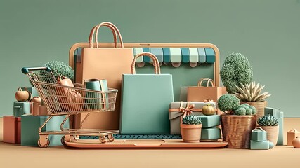 Colorful shopping scene with bags, plants, and a shopping cart on a pastel background, evoking consumerism