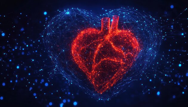 Futuristic glowing red anatomical heart made of luminous particles surrounded by a blue digital network mesh, evoking vitality, connectivity, and technological wonder