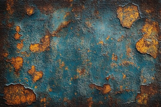 peeling teal paint and orange rust on rough corroded metal, gritty weathered texture evoking decay and nostalgia
