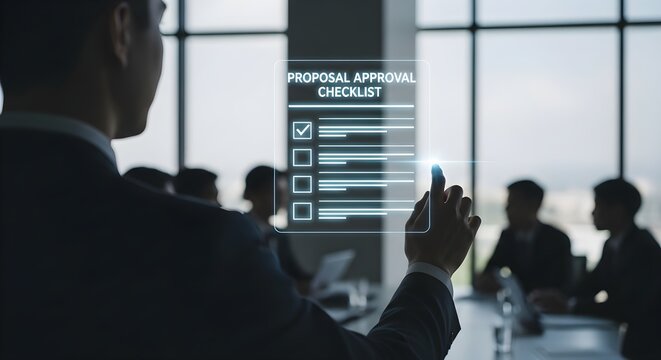Executive Checking Proposal Approval on Holographic Meeting Checklist