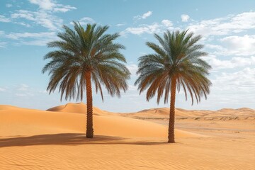 Obraz premium Two palm trees standing on golden sand dunes under a bright blue sky with scattered clouds, serene and isolated desert landscape